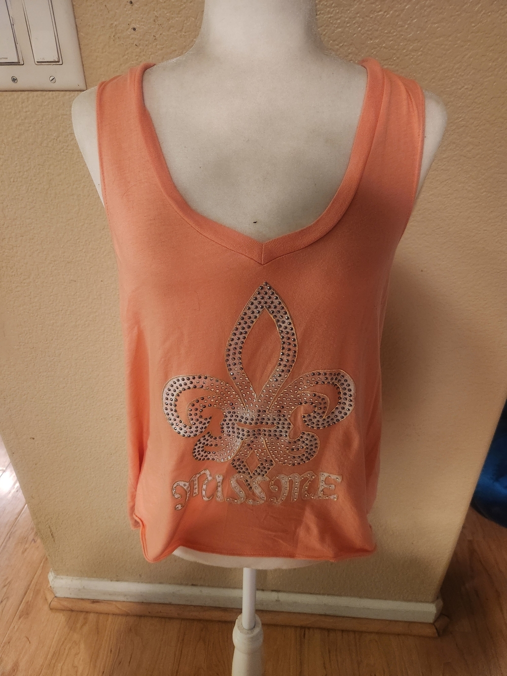 Miss Me Peach Coral Rhinestone Fleur-de-Lis Tank